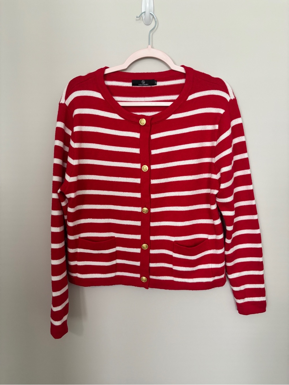 LILLUSORY Striped Red and White Button Cardigan Sweater Size M - gently worn.